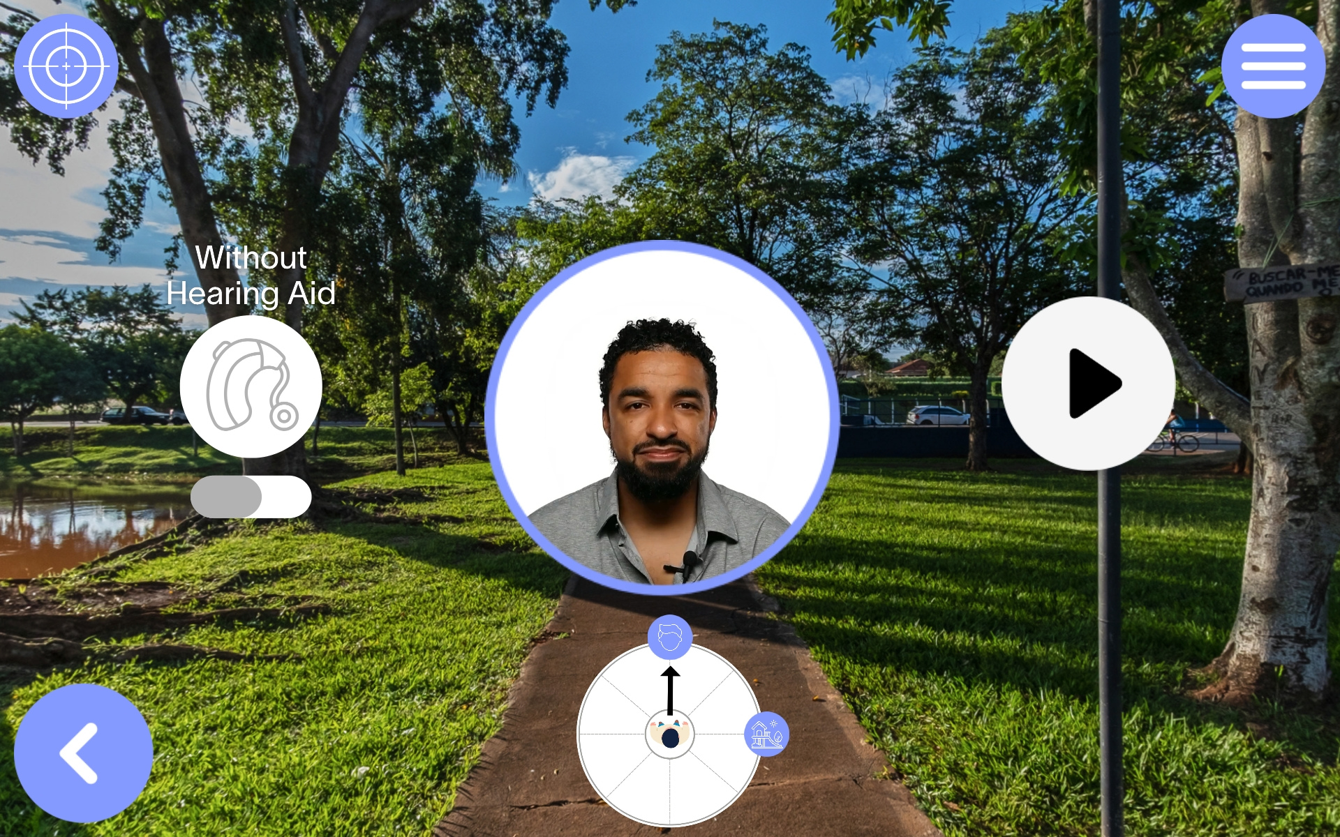 The Engage app's outdoor scene, showing a Without Hearing Aid toggle and a 360° rotation wheel over a park environment