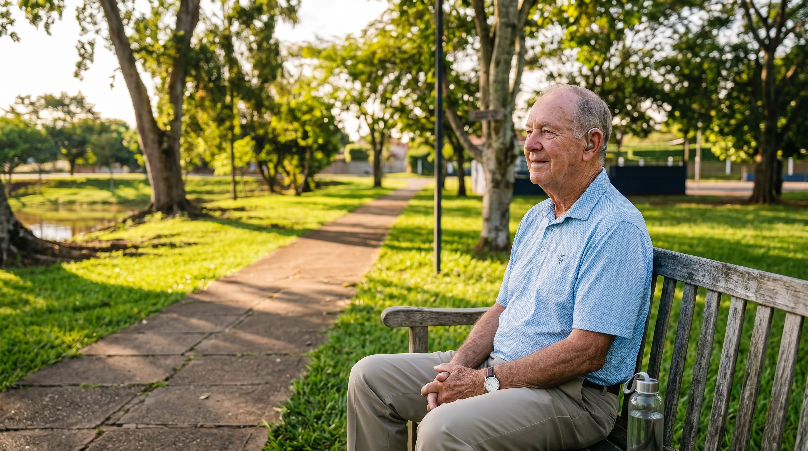An older man wearing a hearing aid sits peacefully on a park bench along a tree-lined path