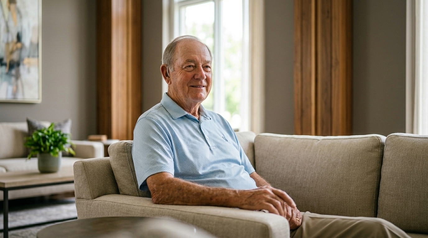 An older man smiles while sitting comfortably on a couch in a bright, calm living room